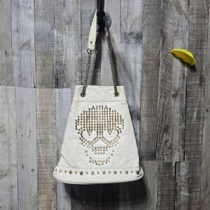 Symeli Cream Gold Studded Skull Faux Leather Goth Punk Emo Bag Purse